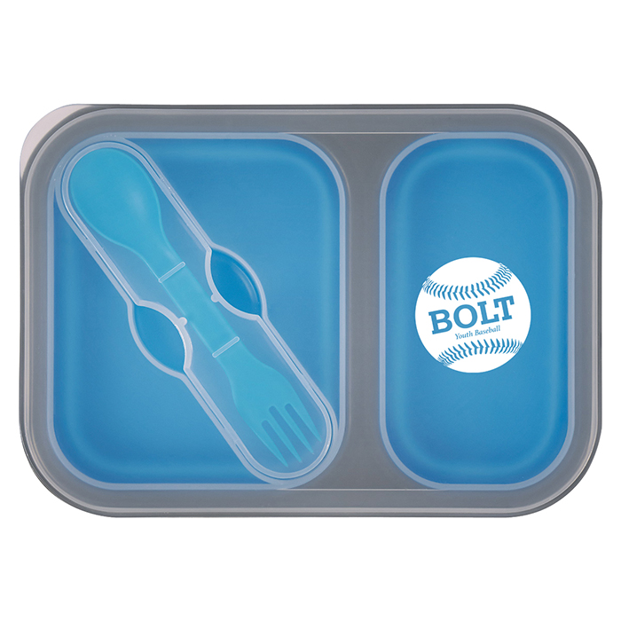 Collapsible 2-Section Food Container with Utensil Blue with logo