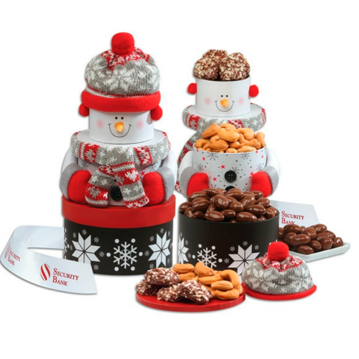 Custom Festive Snowman Gift Food Tower with Logo